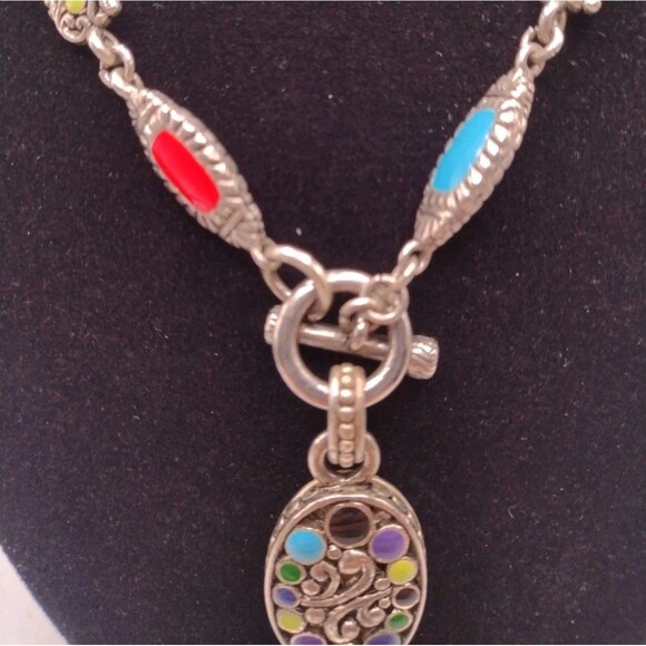 Sterling Silver 18" Necklace 63g Southwestern Enamel Bead 8.6mm Toggle Pendant - Picture 5 of 16